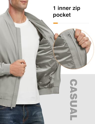 TBMPOY Men's Lightweight Bomber Jackets Light Windbreaker Casual Stylish Fall Golf Zip Up Fashion Dress Business Varsity Light Grey XL