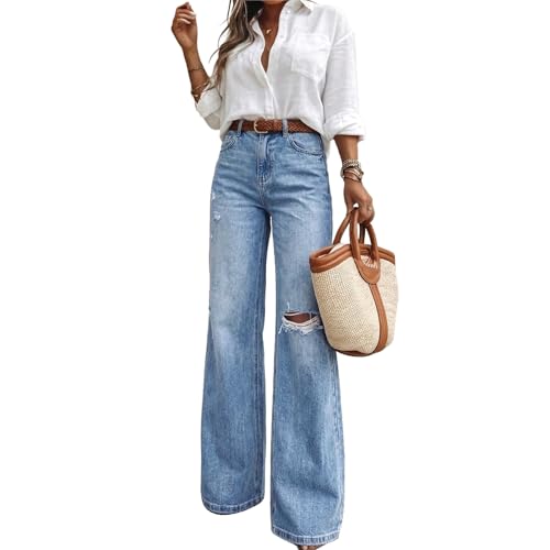 ACTIFORTERRAS Bell Bottom Jeans for Women High Waisted Ripped Flare Denim Pants Long Inseam Light Stretch Blue Jeans