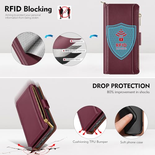 Antsturdy Compatible with iPhone 13 Wallet Case【RFID Blocking】 PU Leather Phone Case Women Men Flip Shockproof Protective Cover Wrist Strap Zipper Credit Card Holder Slots for Apple 13 6.1,Wine Red by Antsturdy - Image 6