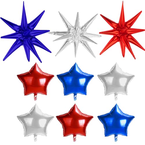 4th of July Red Blue Silver Star Balloons 22Inch Explosion Balloons with 18Inch Star Balloon 9 Pcs Foil Four-Pointed Pentagram Balloon for Independence Day 4th of July Patriotic Birthday Party Decor