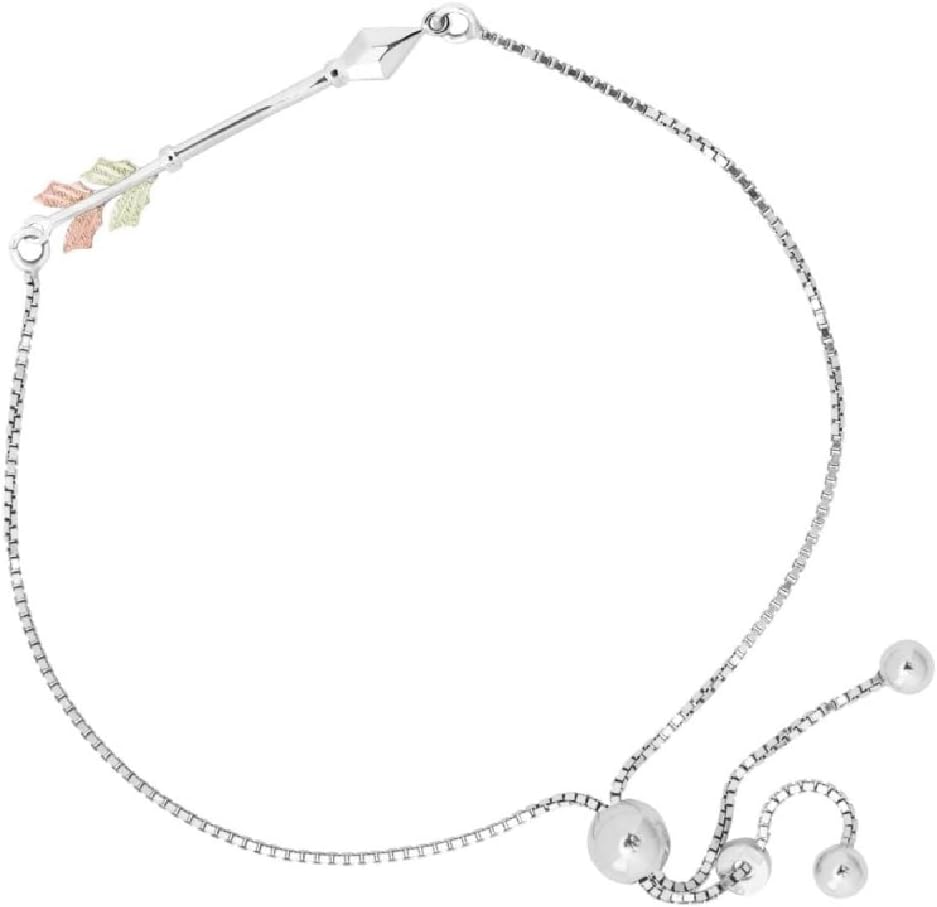 Arrow Bolo Bracelet Sterling Silver with 12k Green & Rose Gold Black Hills Gold Leaves, Adjustable 6–8 Inch Sliding Bracelet for Women