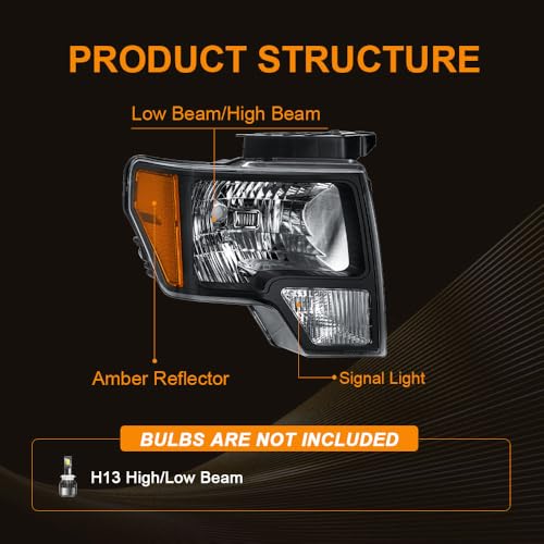 Image of Headlight Assembly for Ford F150 2009-2014 Driver Left & Passenger Right Side Replacement Black Housing Amber Reflector
