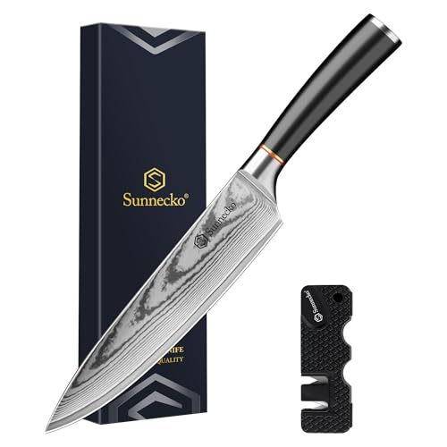 Sunnecko Damastmesser 20cm, Küchenmesser mit Scharfes Messer - Hochwertiges Damast Kochmesser für Profis & Hobbyköche - Scharfes Fleischmesser aus...