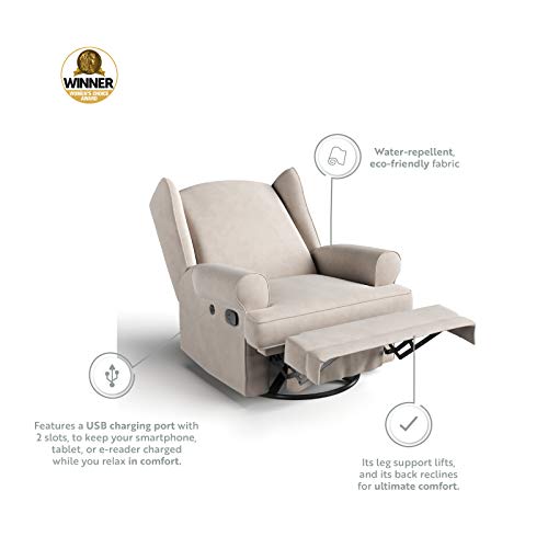 Storkcraft Serenity Upholstered Swivel Glider With Usb Charging Port (Ivory) – Fully Upholstered Wingback Nursery Glider Recliner With Manual Recline Function, 2 Usb Charging Ports, 360 Swivel Base #TOP4
