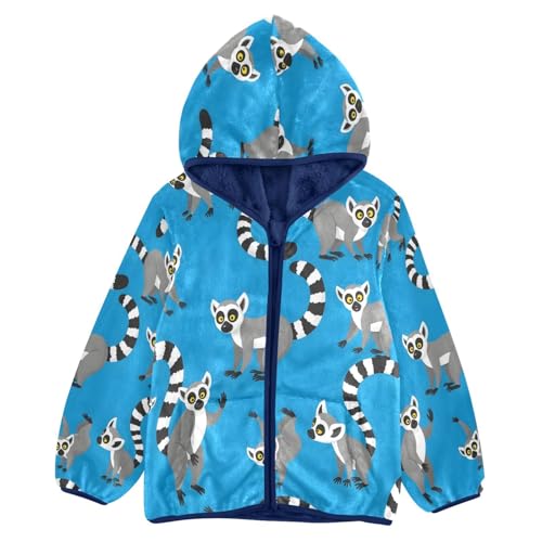 Cute Lemur Pattern on Blue Toddler Fleece Jacket Girl Boys Hooded Fleece Jacket Coat Warm Outwear Zip-up 3-10T