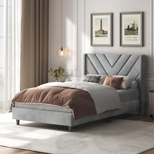 Image of Yaheetech Twin Bed Frame Upholstered Platform Bed with Wing Side /Wooden Slat Support /Tufted Headboard with Wing Side /Mattress Foundation /No Box Spring Needed,Light Gray Twin Bed