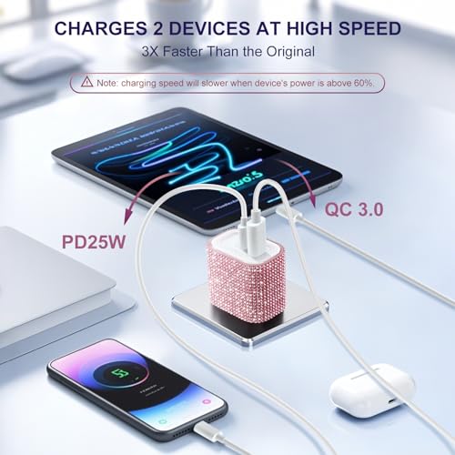 Image of Aolcev for iPhone Charger Fast Charging Bling 2 in 1 USB C Charger Block | Type C Fast Charging Blocks 25W Bling USB A USB C Adapter for iPhone 17 16 15 14 13 iPad Galaxy S26 S25 Rhinestones Pink