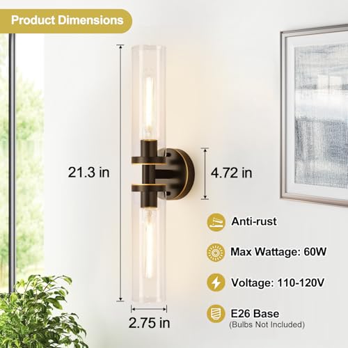 Image of Indoi Wall Sconces Set of Two, Hardwired Brown Bathroom Sconces Wall Lighting with Clear Glass, Modern Sconces Wall Decor Set of 2 Bathroom Light fixtures for Mirror Hallway (Bulbs Not Included)