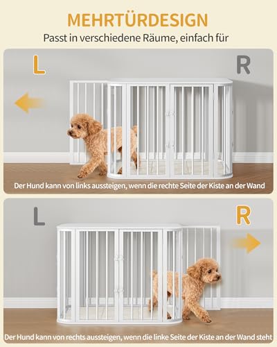 Hzuaneri Hundekäfig Möbel, Indoor Hundebox mit Kissen, Modernes Dreitür-Design, Beistelltisch aus Holz, Geeignet für Kleine und Mittelgroße Hunde, 80 x 55 x 61,5 cm, Weiß DFC87713W
