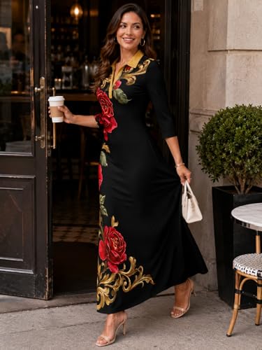 Image of PinkPatty Women's Casual 3 /4 Sleeve Polo V Neck Bodycon Maxi Dress