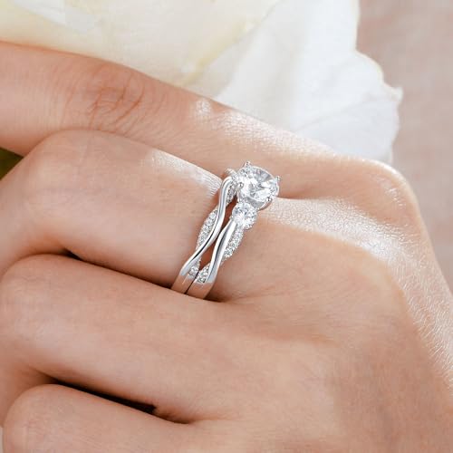 Wuziwen Three Stone Engagement Rings for Women Bridal Sets Wedding Ring for Her Eternity Band CZ 925 Sterling Silver4