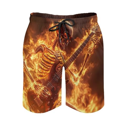 Human Skeleton Playing Guitar in Fire Men's Swim Trunks Quick Dry Board Shorts Hawaiian Beach Shorts With Pocket4