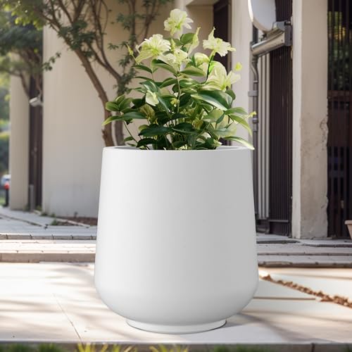 Image of Kante White Concrete Planter 16.5 inch Dia All-Weather Round Large Pot | Handcrafted Cement Curved, Anti-Frost & UV Outdoors, Plug for Indoor, Lightweight & Durable, Modern Home, Garden, Porch