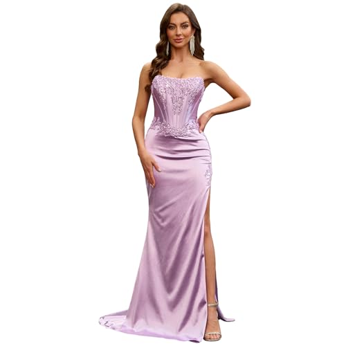 WIOJEIGO Strapless Satin Wedding Guest Dresses for Women Slit Lace Up Long Mermaid Corset Prom Gowns 2025 Lilac X-Large