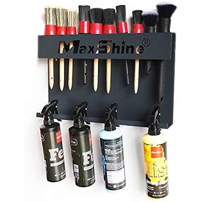 Maxshine Universal Brush & Trigger Bottle Holder Wall-Mount Organizer Holds 10 Brushes & 6 Spray Bottles Black Powder-Coated Metal Rack for Garage, Auto Detailing Shop & Car Care Storage