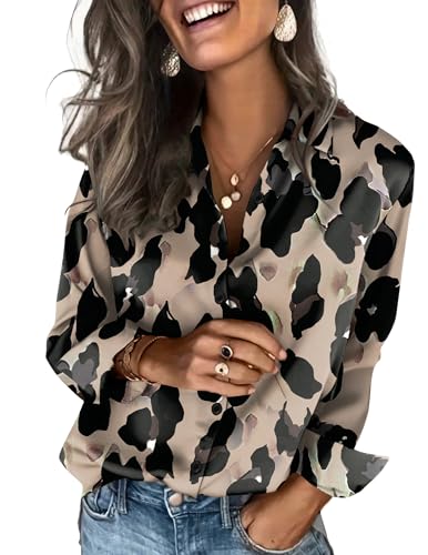 Zeagoo Satin Blouses for Women Silk Button Down Shirts Long Sleeve Business Casual Tops Leopard