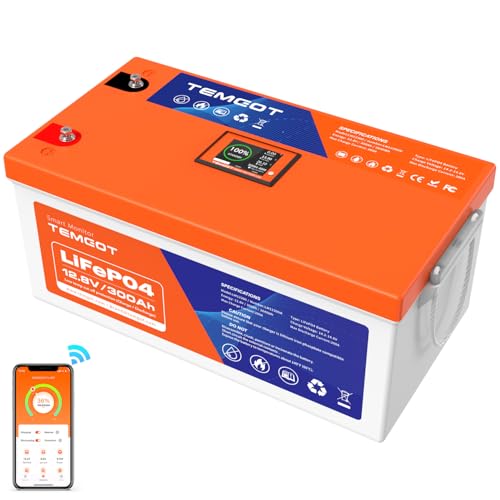 TEMGOT 12V 300AH Low Temp Cutoff LiFePO4 Lithium Battery with Touchable Smart Display & APP Monitoring, Built-in 200A BMS,2560W Load Power, 5000+ Cycles, Perfect for RV/Camper, Solar, and Off-Grid
