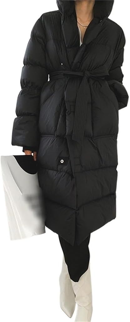 Women's Down Jacket Long Knee Length Hood Loose Warm and Thick Autumn/Winter Black Coat with Belt(Large)