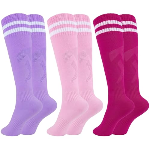 Glooarm 3 Pairs Kids Soccer Socks Baseball Uniform Striped Knee High Socks Cotton World Cup for Boys Girls 3-12 Years Old (Light Purple, Rose Red, Pink,6-9 Years)