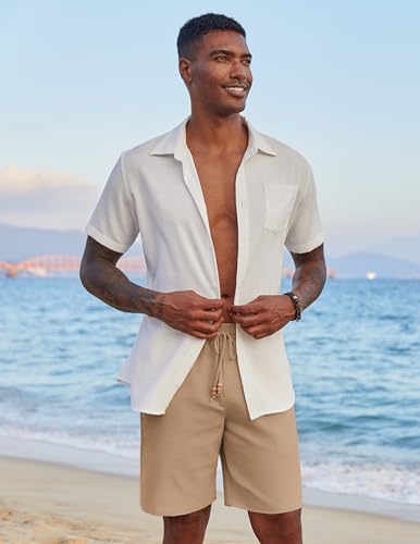 Image of COOFANDY Mens Casual Linen Shorts Elastic Waist Drawstring Loose Fit Summer Beach Vacation Shorts with Pockets