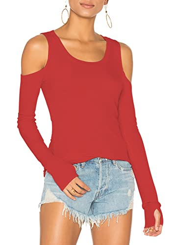 Mippo Cold Shoulder Long Sleeve Tops for Women Yoga Sweatshirts Off The Shoulder Workout Shirts Athletic Blouses Pilates Tops Womens Activewear Tops Gym Clothes Red S