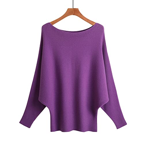 Image of Blostirno Women's Boat Neck Batwing Sleeves Dolman Ribbed Knitted Sweaters Pullovers Tops