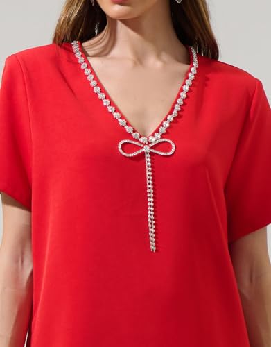 Image of YEXPINE Women's V Neck Shift Mini Dress Short Sleeve Bow Glitter Rhinetone Dress Sexy Party Cocktail Short Dress