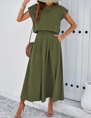 Image of Mingzhu Womens 2 Piece Outfits Skirt Set Summer Casual Cap Sleeve Crop Tops Maxi Dress Sets with Pockets