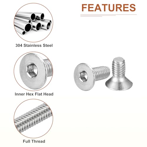 Image of DTGN M4-0.7 x 8mm Flat Head Socket Cap Screws, 100 Pack 304 Stainless Steel Hex Socket Flat Head Screws, Full Thread, Countersunk Bolts