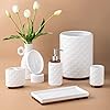 RQYIXI Elegant 6 PCS Ceramic&Wood Bathroom Accessories Set:Soap Dispenser,Toothbrush Holder,Tumbler,Soap Dish,Tray,Trash Can,Easy to Clean,Quatrefoil Pattern,White-Affordable Home Luxury #3