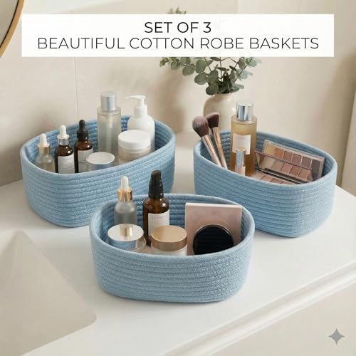 Image of 100% Natural Jute small box mini rope paper storage Round hamper baby nursery tray bucket for Living Kitchen, Office, Drawing Room,fruits, kitchen, office, Set of 3 (aqua 3 set)