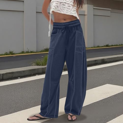 Barrel Sweatpants Women Baggy Drawstring Elastic Waist Wide Leg Pants Striped Patchwork Casual Vacation Trousers with Pockets4