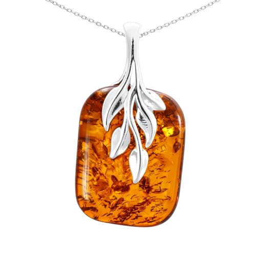 HolidayGiftShops Amber Jewelry for Women - GIA Certified Sterling Silver and Baltic Honey Amber Pendant Fern, Includes 925 Sterling Silver Chain - Sterling Silver Jewelry Collection, made in Poland