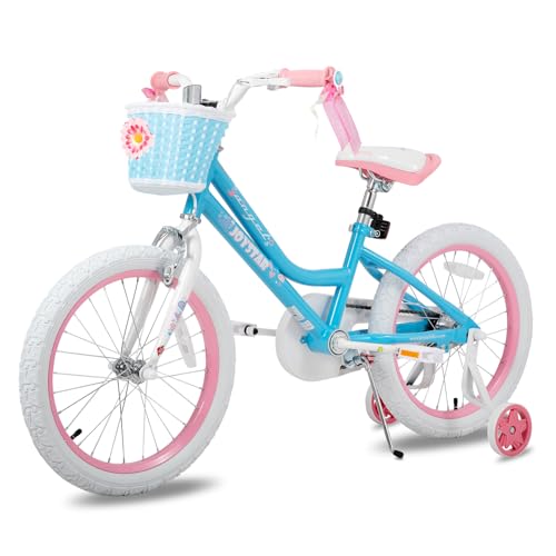 JOYSTAR 18 Inch Girls Bike for 5-9 Years Old Kids Bike for Ages 5-8 Years Girls with Training Wheels and Basket 18" Children Bikes Bicycle with Handbrake in Blue