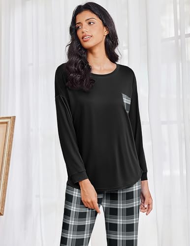 Ekouaer Womens Pajamas Set Jogger Lounge Sets Soft Pjs Long Sleeve Plaid Long Pant with Pockets4