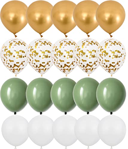 OTMVicor Metallic Gold Balloons - 20pcs Sage Green & White Confetti Balloons 12in