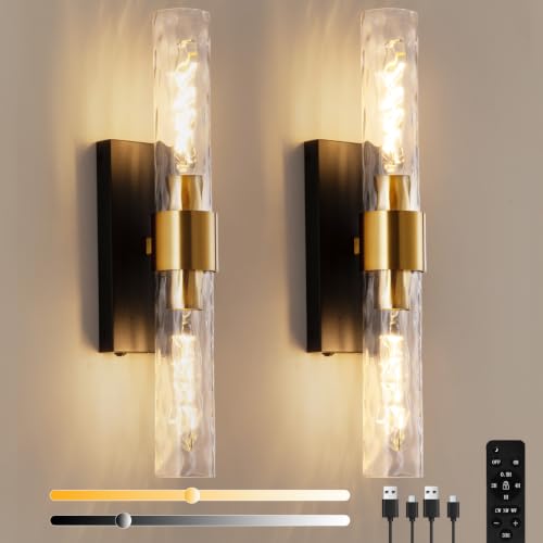 Image of Rechargeable Wall Sconce Set of 2, Battery Operated Wall Sconce, Wireless Wall Lamp with Water Ripples Glass Tube, Non-Hardwired Wall Sconces, Modern Vanity Light Fixtures for Bedroom, Hallway, Aisle