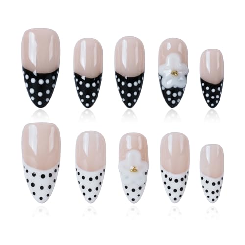 Tesytto Press On Nails Medium Almond, Handmade 3D Flower Polka