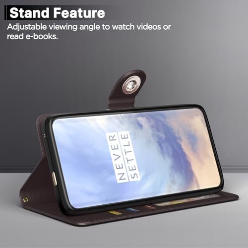 Image of Pikkme Flip Cover Leather Finish | Inside TPU with Card Pockets | Wallet Stand and Shock Proof | Complete Protection Button Flip Case for OnePlus 7 Pro (Coffee)