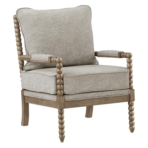 OSP Home Furnishings Fletcher Spindle Accent Chair with Rustic Brown Finish, Fog Beige Upholstery Cover