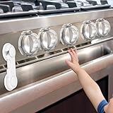 GRENFU Stove Knob Safety Covers (5 + 1 Pack) - Double-Key, Universal Size Gas Stove Knob Locks with Strong Double-Sided Tape, Heat-Resistant Oven Knob Covers for Child Safety/Pet Safety, Clear View