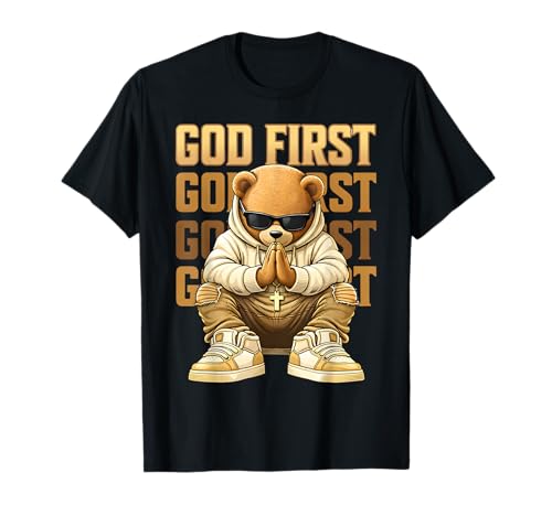 God First Hip Hop Teddy Bear Christian Streetwear Boys Teens T-Shirt