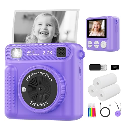 Kids Camera Instant Print - 1080P Digital Camera, Portable Travel Toy for Boys & Girls Age 3-12, Christmas Birthday Gifts (Purple)