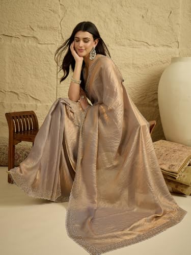 Image of AKHILAM Women's Shimmer Tissue Embroidered Saree With Unstitched Blouse Piece