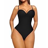 FeelinGirl Bodysuit Shapewear for Women Tummy Control Seamless Sleeveless Thong Body Shaper Tops U-Neck Camisole Jumpsuit with Built-in Bra Black L