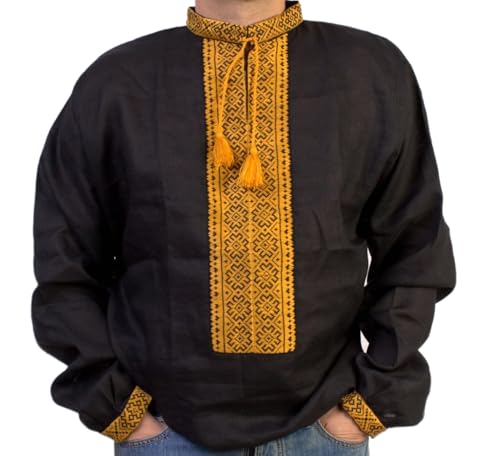 New Handmade embroidered black yellow mens linen shirt Ukrainian Vyshyvanka pattern NIZINKA size XL FATHER'S DAYSALE
