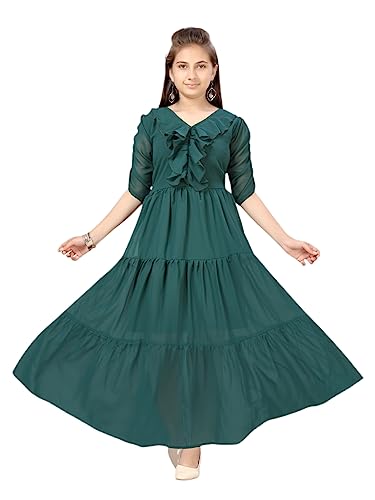 Robe Georgette fille vert foncé Aarika idéale pour les fêtes de famille