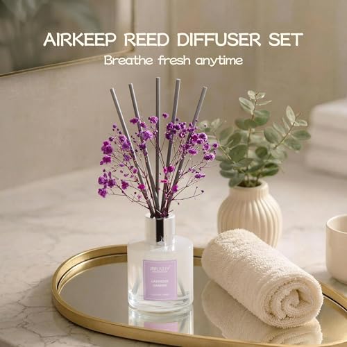 Image of Airkeep Reed Diffuser Set,3.38 fl oz (100 ml) - Lavender Garden Oil Diffusers with 8 Reed Sticks, Home Fragrance Reed Diffuser for Bathroom Shelf Decor