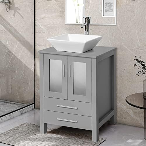 LUCKWIND 24 inch Bathroom Vanity Square White Vessel Sink Combo,Grey Bathroom Wooden Cabinet with Ceramic Basin，Silver Chrome Faucet & Pop Up Drain, Mirror
