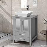 LUCKWIND 24 inch Bathroom Vanity Square White Vessel Sink Combo,Grey Bathroom Wooden Cabinet with Ce